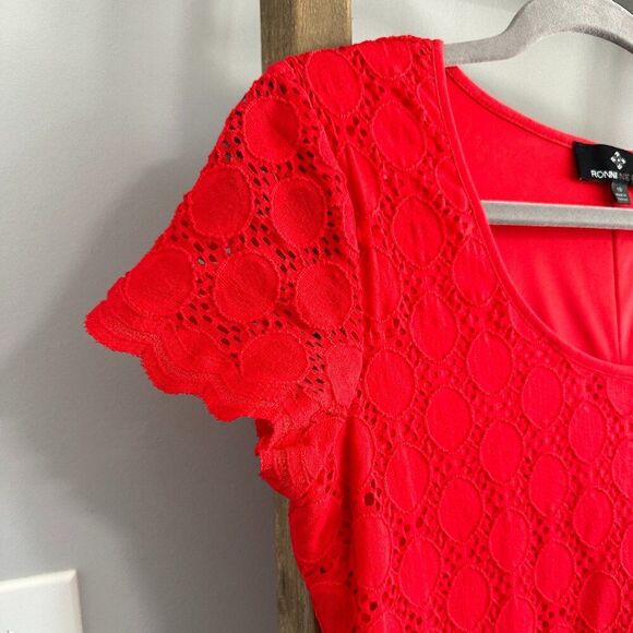 Crochet Mini Dress 10 Cherry Red Eyelet Lace Ronni Nicole Party Casual Stretch - Picture 4 of 9